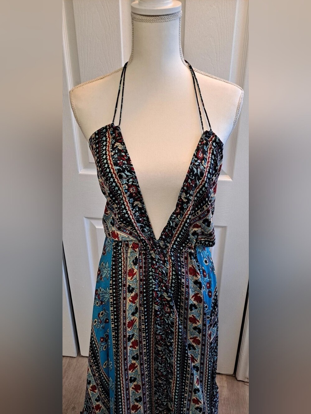 Boho Deep V Halter Maxi Dress in Teal & Black